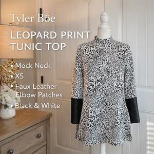 Tyler Böe Leopard Mock Neck Tunic Top XS Faux Leather Elbow Patches Black White